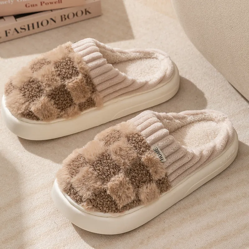 Plaid Plush Slippers Women's Indoor Plush Home Slippers Soft Sole Thick Non-Slip Warm House Shoes Couple Autumn And Winter Lodge Slippers