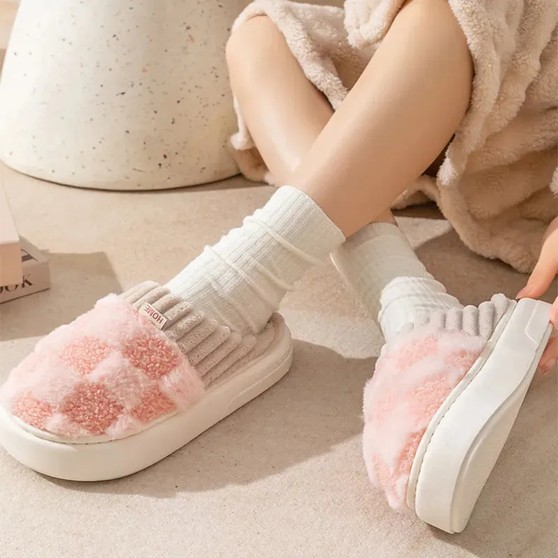 Wide Feet Slippers Plaid Plush Slippers Women's Indoor Plush Home Slippers Soft Sole Thick Non-Slip Warm House Shoes Couple Autumn And Winter