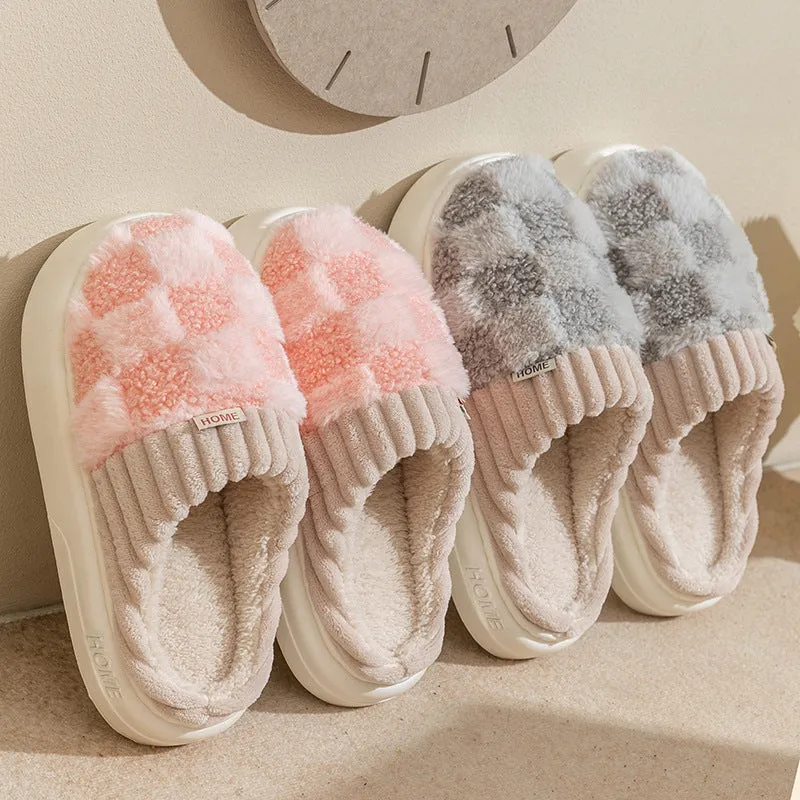 Plaid Plush Slippers Women's Indoor Plush Home Slippers Soft Sole Thick Non-Slip Warm House Shoes Couple Autumn And Winter Titan Deadlift Slippers