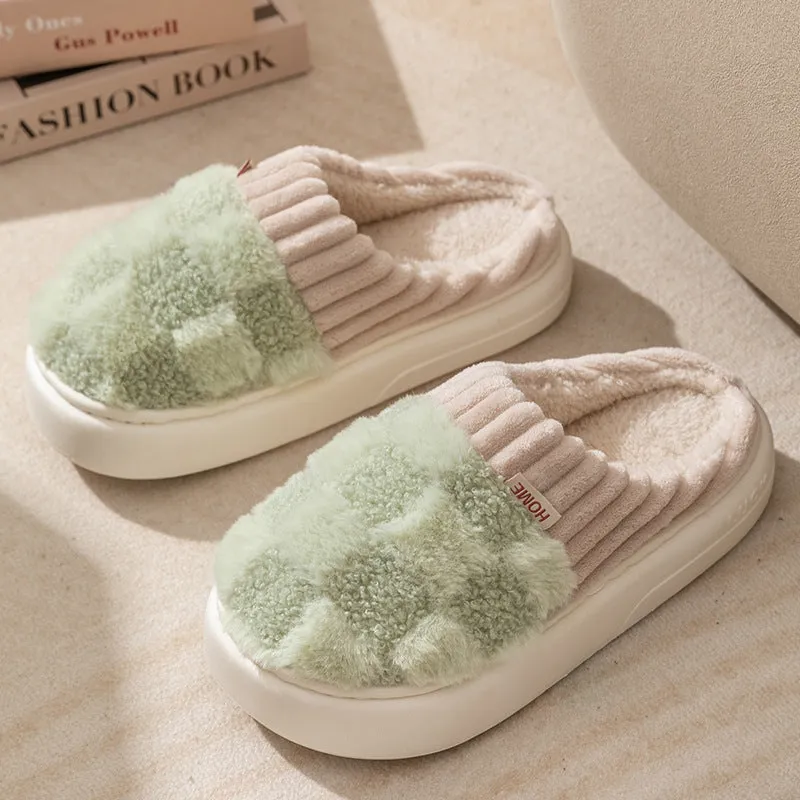 Plaid Plush Slippers Women's Indoor Plush Home Slippers Soft Sole Thick Non-Slip Warm House Shoes Couple Autumn And Winter Bath Slippers