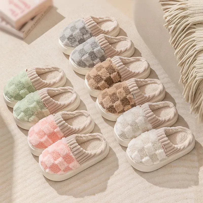 Animal Slippers Plaid Plush Slippers Women's Indoor Plush Home Slippers Soft Sole Thick Non-Slip Warm House Shoes Couple Autumn And Winter