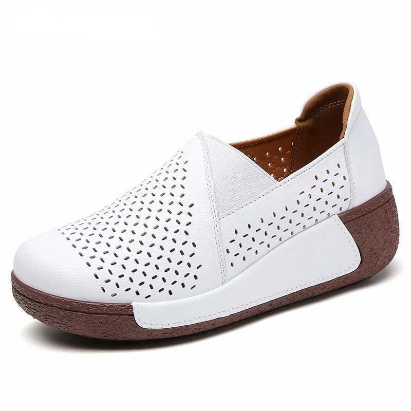 No Socks Loafers Summer Breathable Women Shoes Flat Platform Ladies Loafers Leather Wedge Female Sneakers Moccasins Slip on Casual Shoe Women
