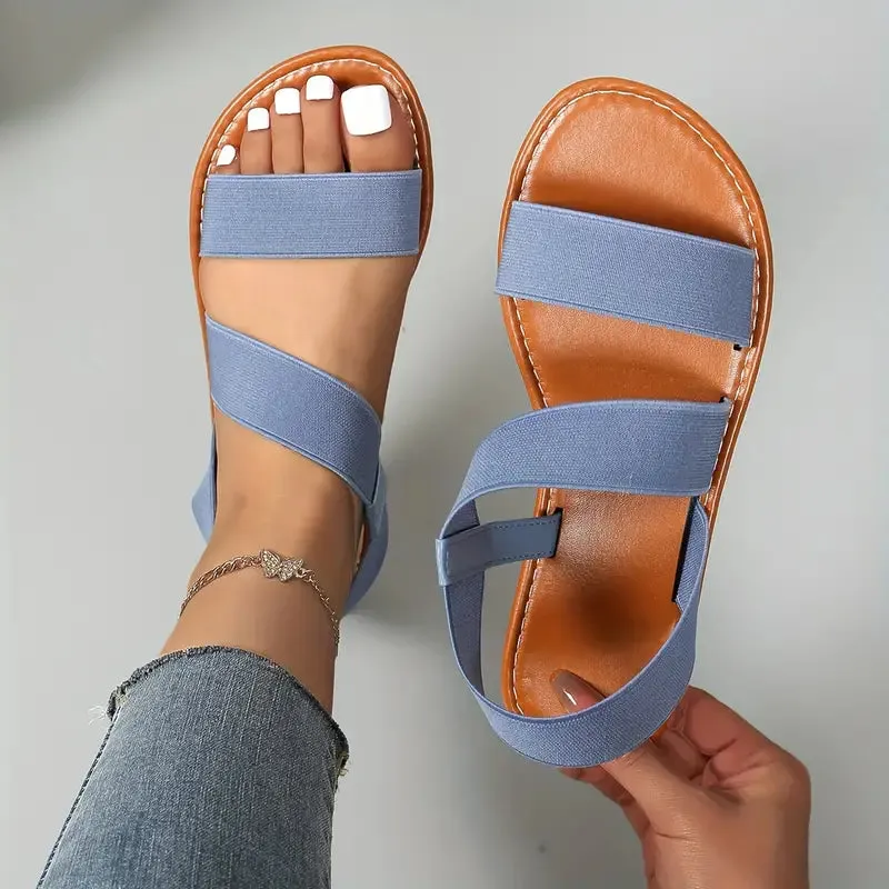 Women's Simple Flat Sandals, Casual Open Toe Summer Shoes, Lightweight Elastic Bands Bunions Sandals
