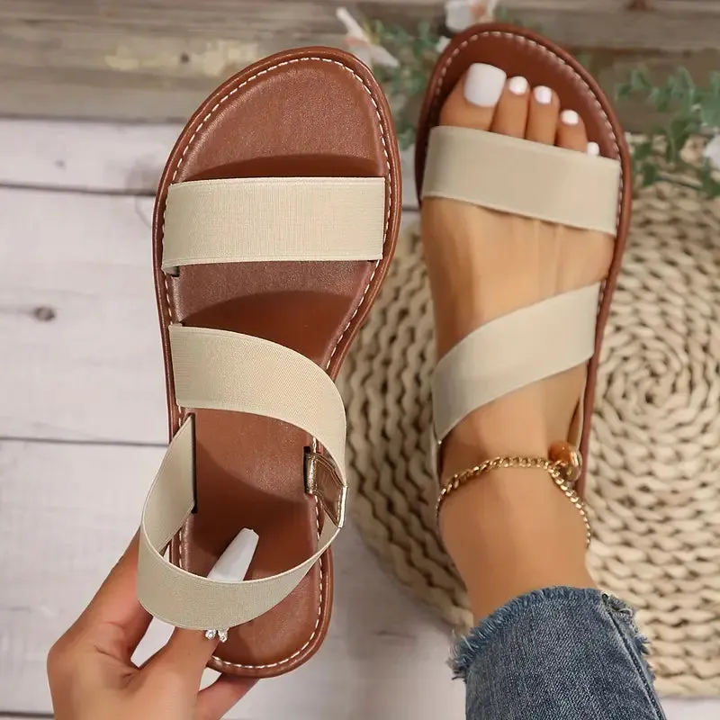 Women's Simple Flat Sandals, Casual Open Toe Summer Shoes, Lightweight Elastic Bands Best European Walking Sandals