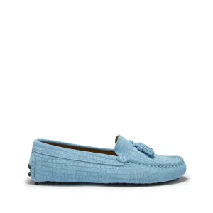 Loafers Slipping Off Heel Women's Tasselled Driving Loafers, blue embossed suede