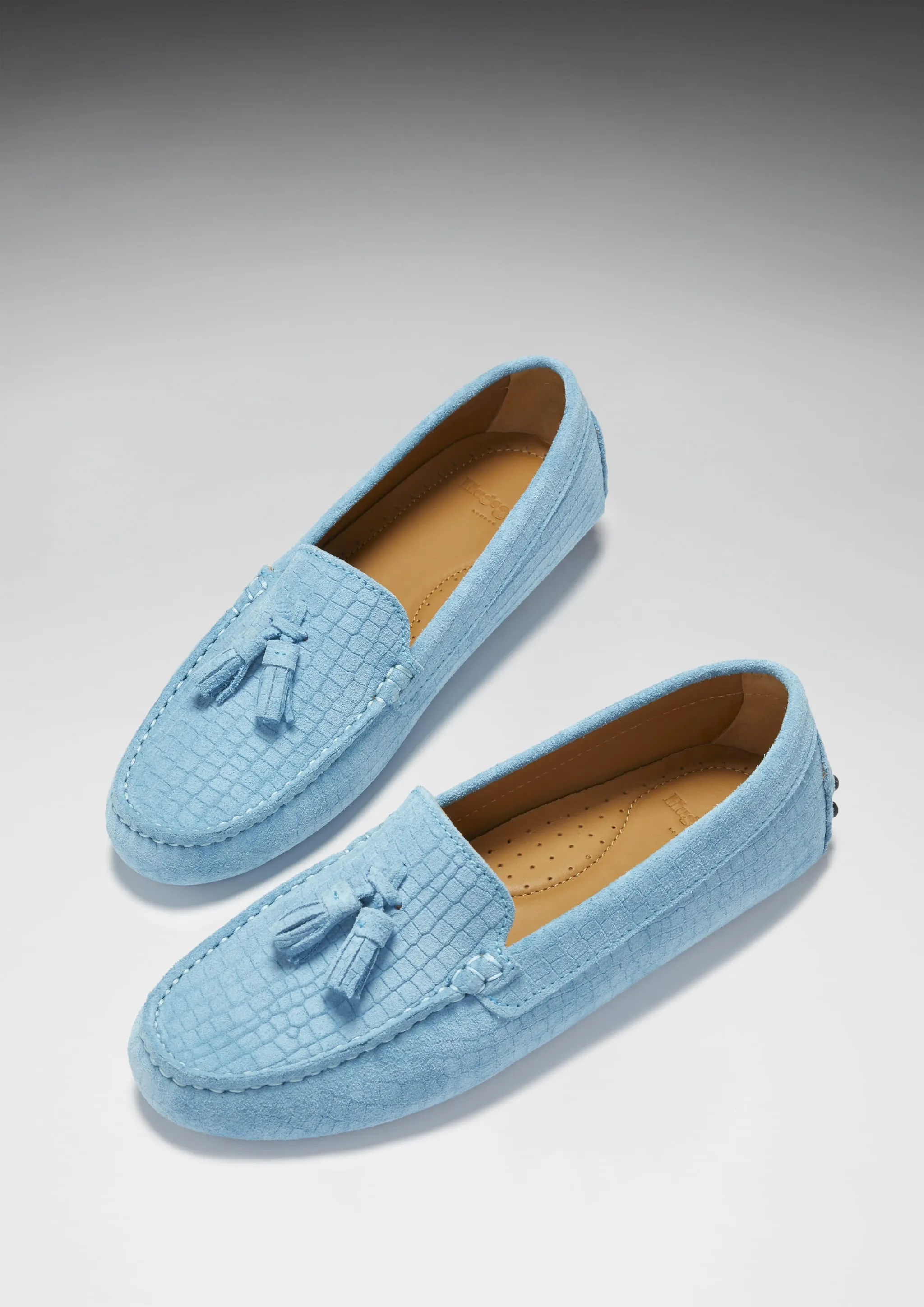 Nice Penny Loafers Women's Tasselled Driving Loafers, blue embossed suede