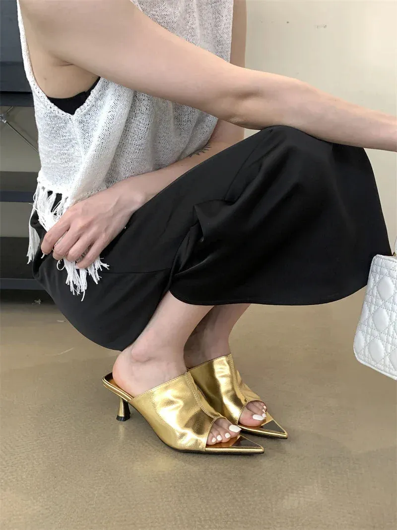 binfenxie New Summer Pointed Peep Toe Slide Slippers Women Thin Low Heels Banquet Party Prom Ladies Designer Shoes Zapatos Mujer Childrens Leather Slippers