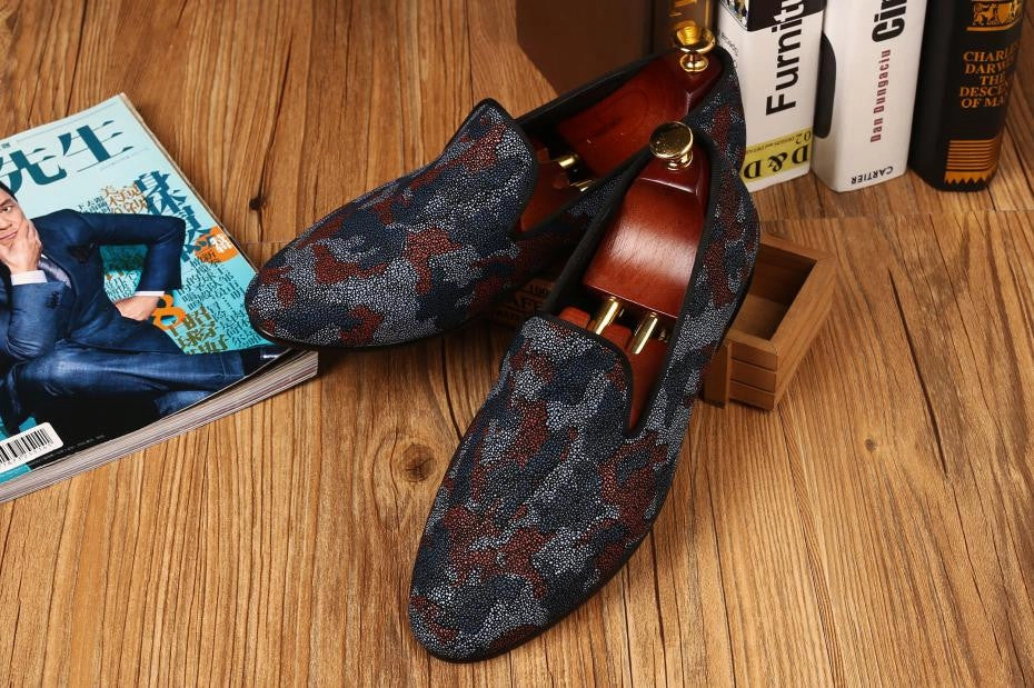 Printing Camouflage Pearl Style Men Flat Loafers Shoes Grey Flats Shoes