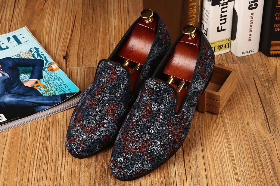 Woven Leather Flat Shoes Printing Camouflage Pearl Style Men Flat Loafers Shoes