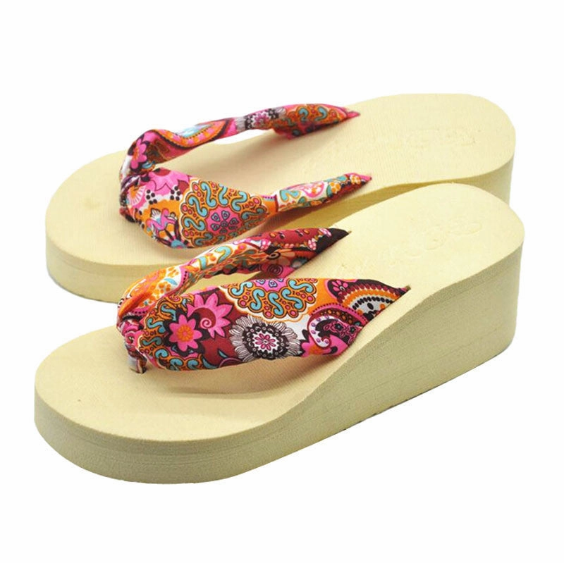 Rainbow Flip Flops Hemp Women Flip Flops Bohemia lace Flower Platform Wedges High Heels Women Shoes Sals Flip Slippers Beach woman shoes