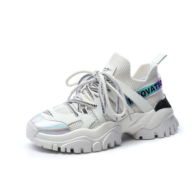 Spring Autumn Women Sneakers Fashion Lace Casual Wedge Shoes Women's Sports Shoes White Mesh Platform Vulcanized Shoes Women How To Dry Sneakers