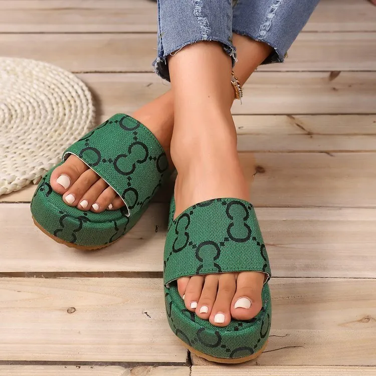 Print Thick-soled Flat Slippers Summer Fashion Casual Outdoor Beach Shoes For Women Psycho Bunny Slippers