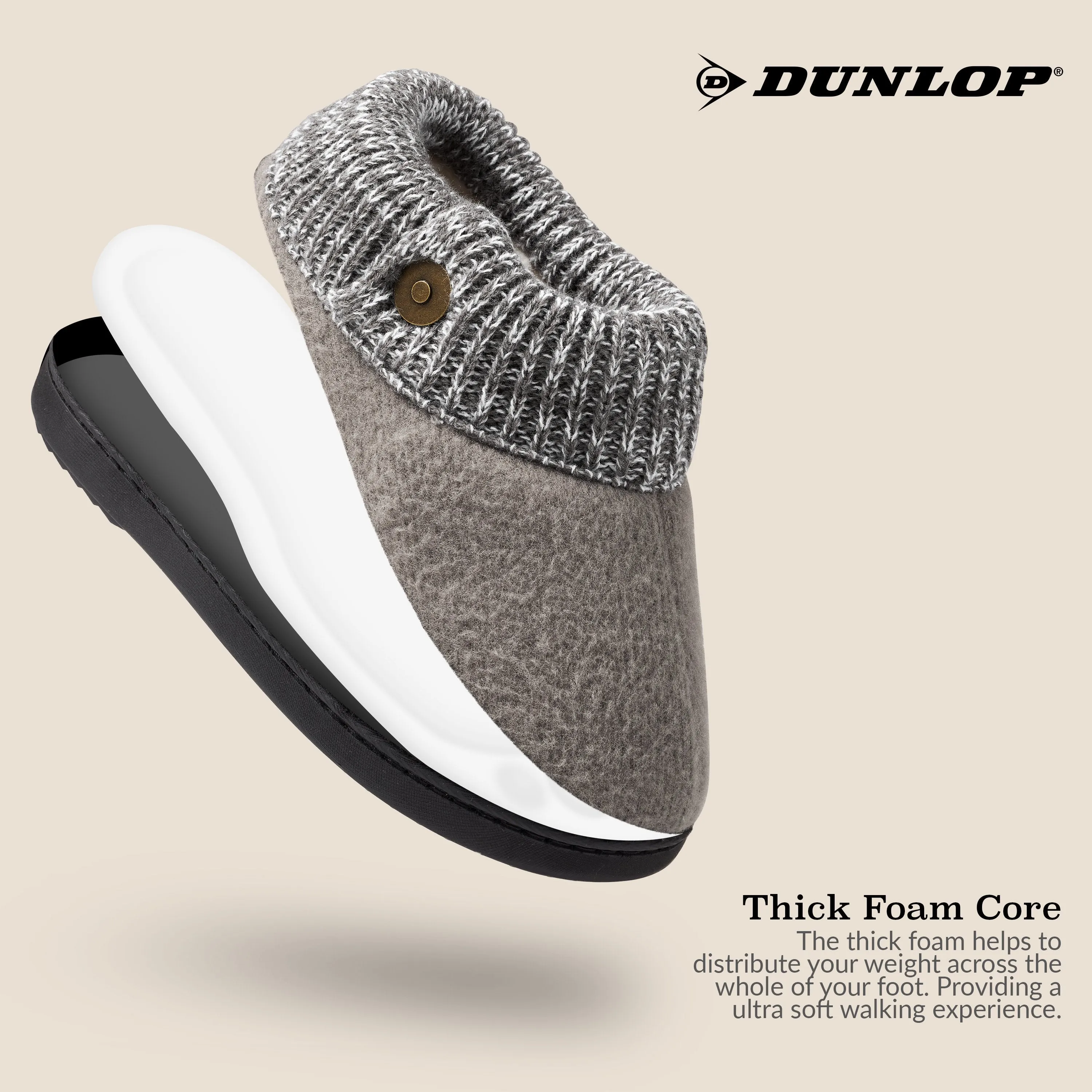 Dunlop Ladies Slippers, Memory Foam Fleece Lined House Shoes, Non Slip Rubber Sole Slide In Clogs