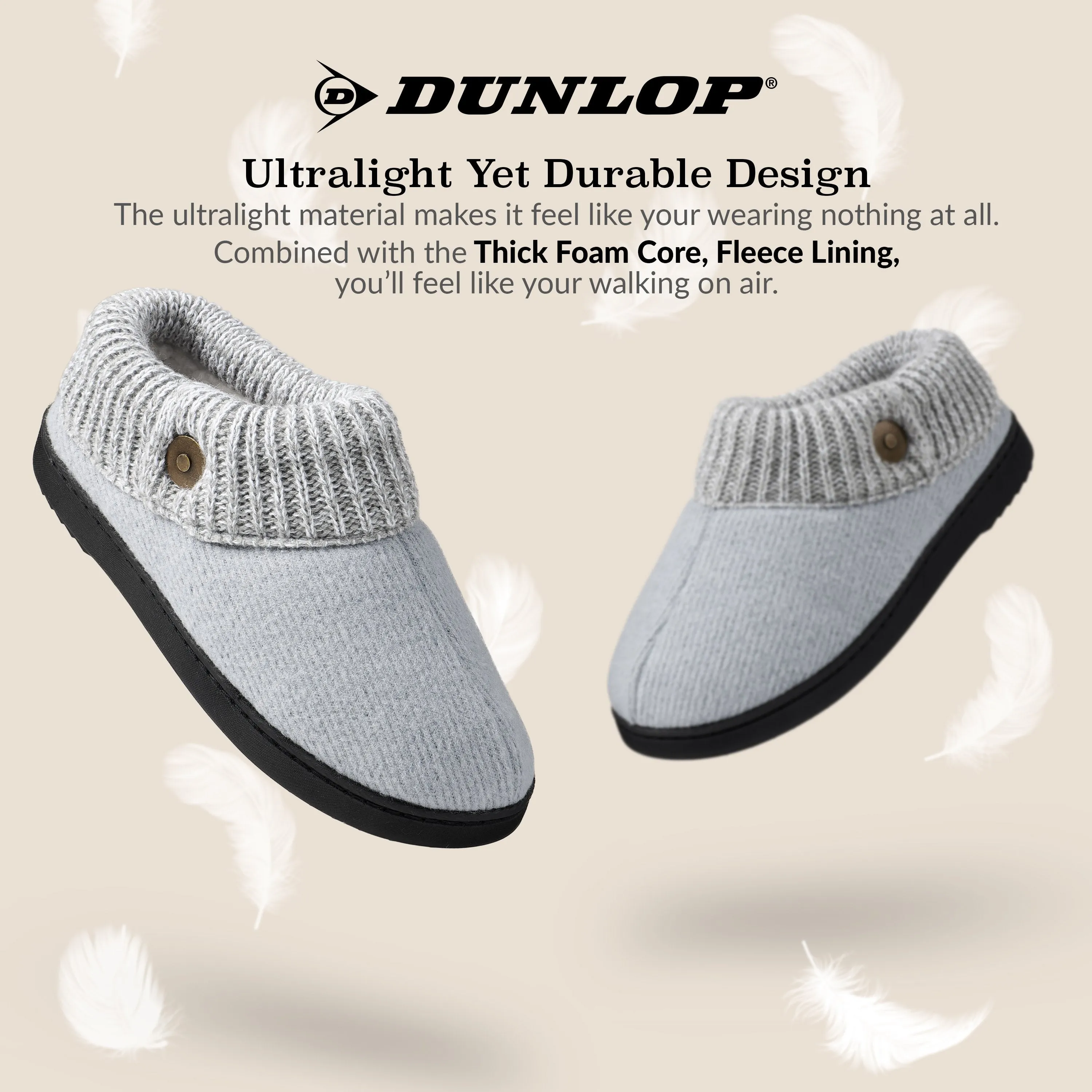 Cod Slippers Dunlop Ladies Slippers, Memory Foam Fleece Lined House Shoes, Non Slip Rubber Sole