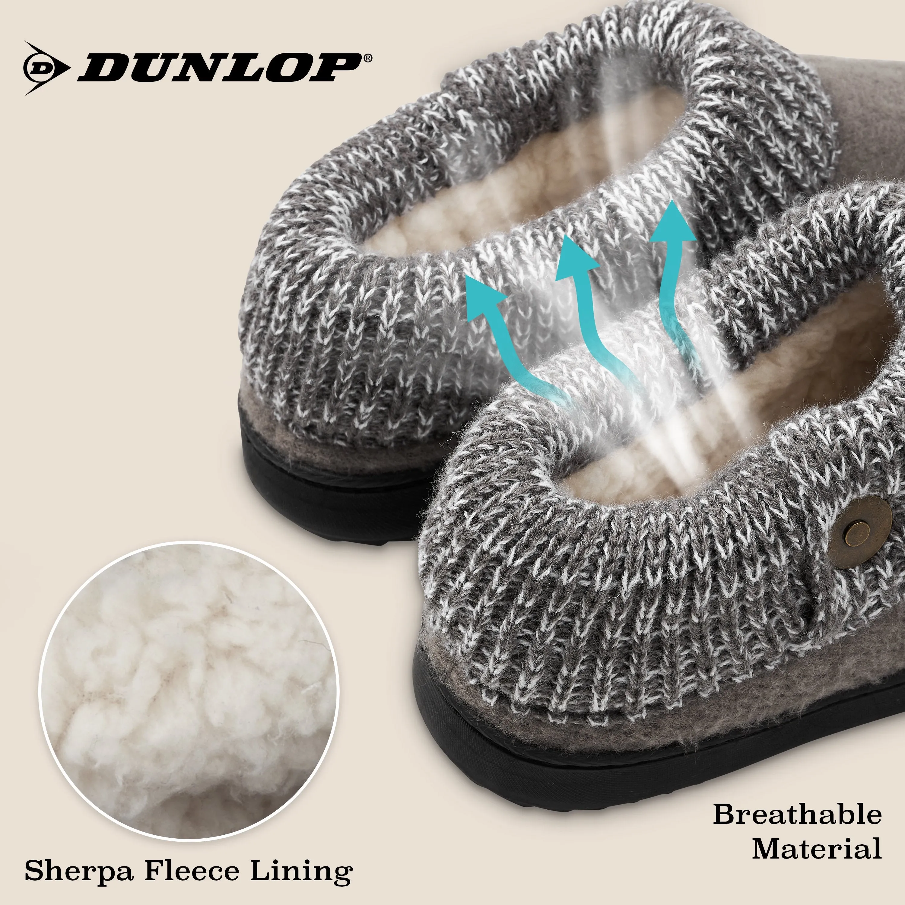 Dunlop Ladies Slippers, Memory Foam Fleece Lined House Shoes, Non Slip Rubber Sole Slippers Outside