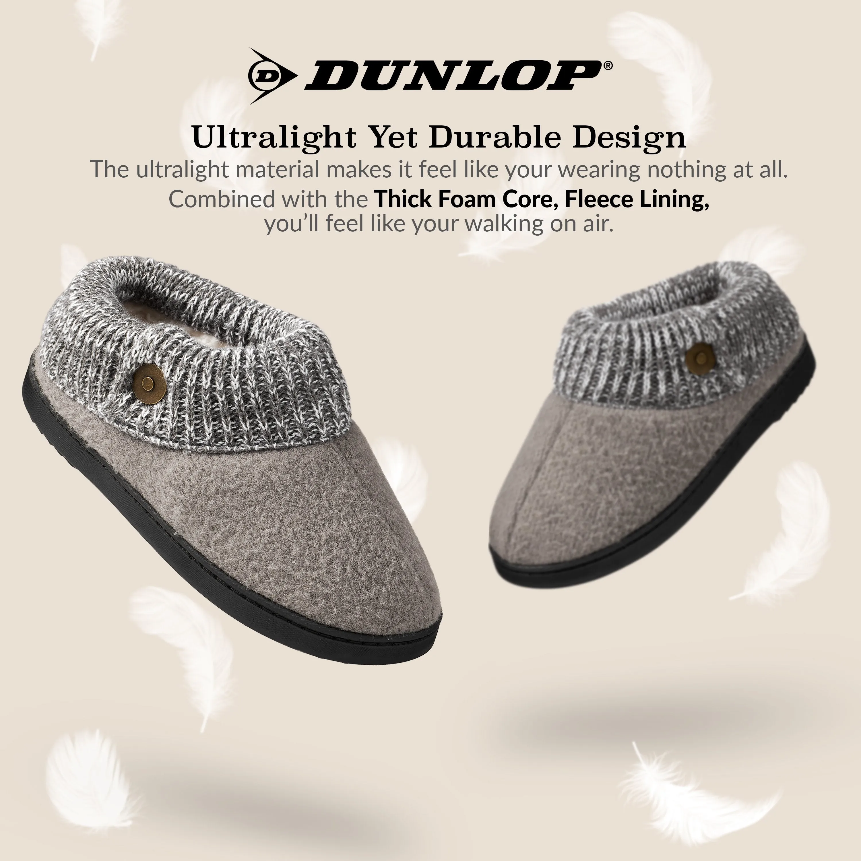 Slippers For Arch Support Dunlop Ladies Slippers, Memory Foam Fleece Lined House Shoes, Non Slip Rubber Sole