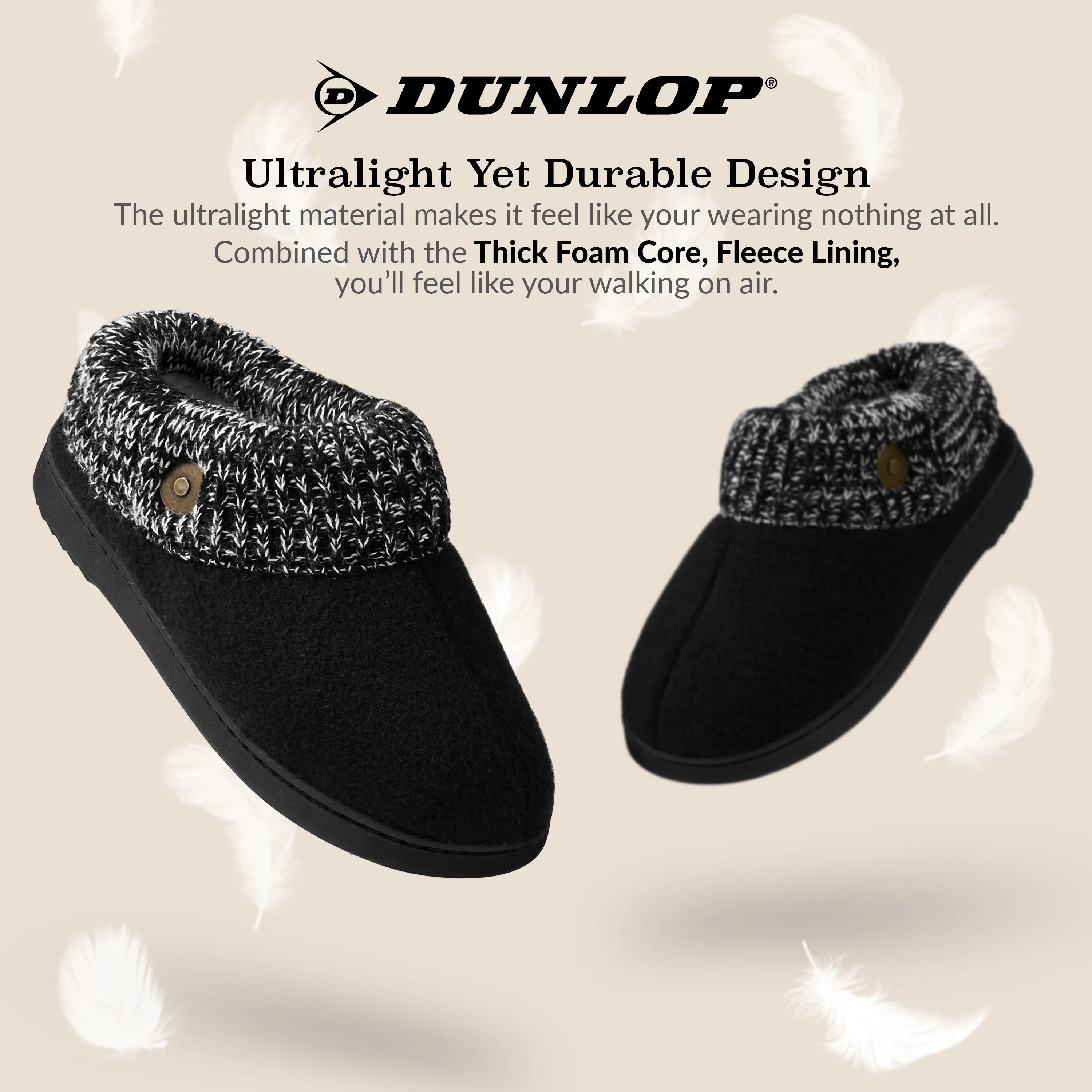 Thick Sole Slippers Dunlop Ladies Slippers, Memory Foam Fleece Lined House Shoes, Non Slip Rubber Sole