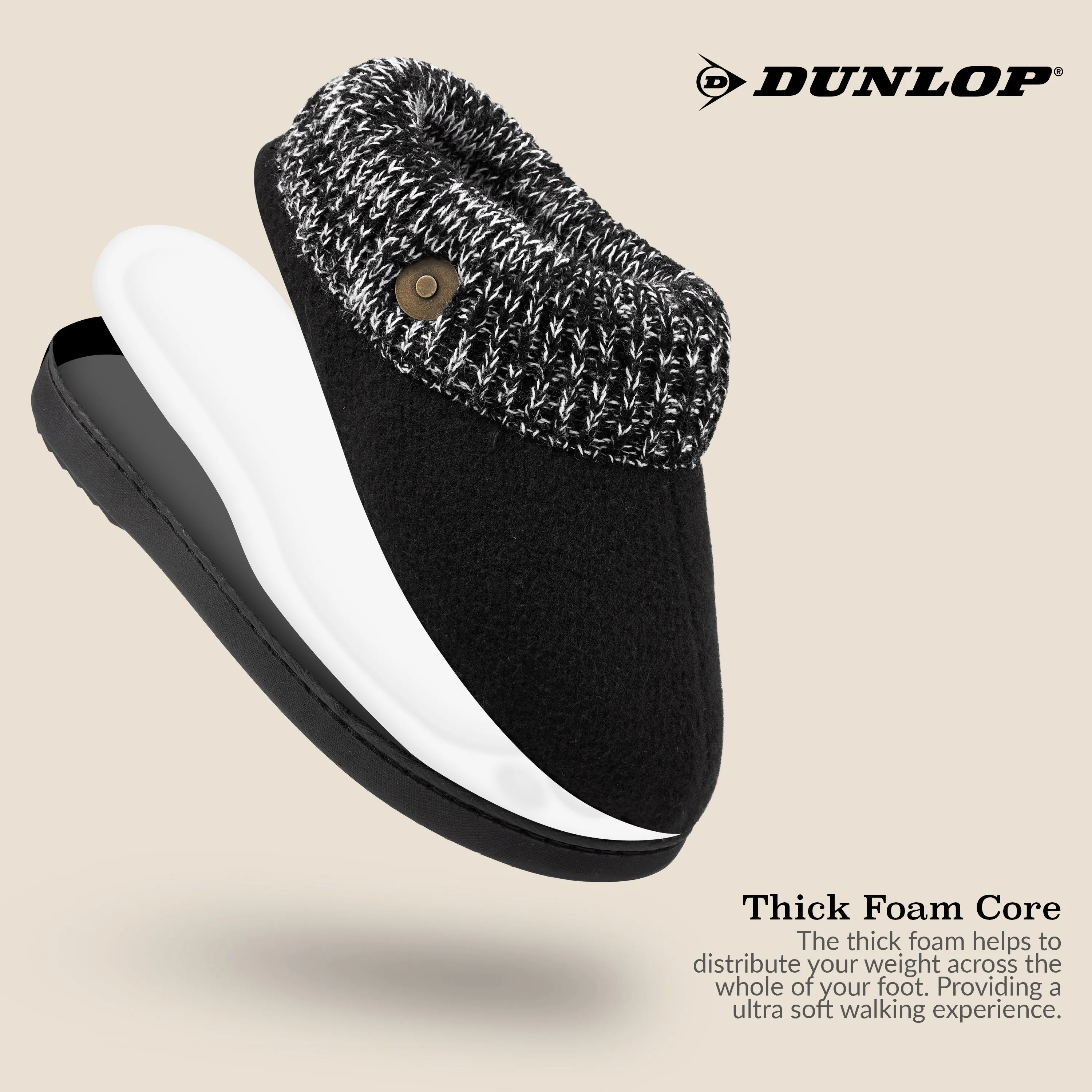 Metal Slippers Dunlop Ladies Slippers, Memory Foam Fleece Lined House Shoes, Non Slip Rubber Sole
