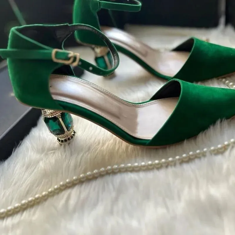 Womens Velvet High Heels Rhinestone Shoes Supportive Walking Sandals