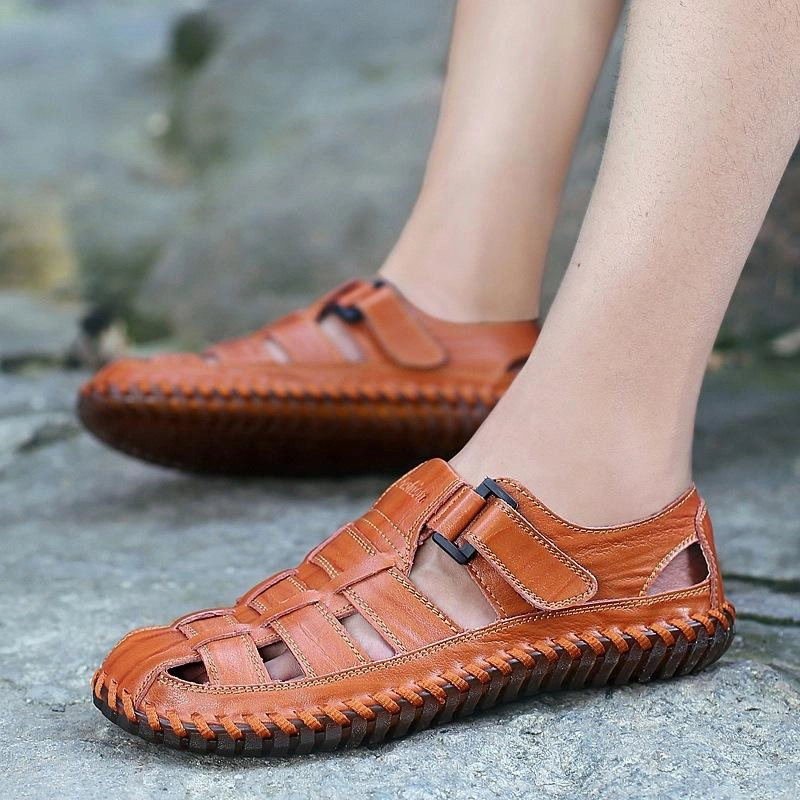 Men Outdoor Flat Heel Hiking Brown Sandals Peep Toe Sandals Heels