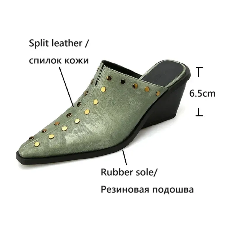 binfenxie NEW Summer Women Slippers Split Leather Shoes for Women Pointed Toe Chunky Heel Sandals Cover Toe Wedge Shoes Blue Women Mules Big 5 Slippers