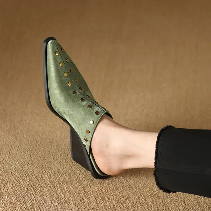 Granny Square Slippers Pattern binfenxie NEW Summer Women Slippers Split Leather Shoes for Women Pointed Toe Chunky Heel Sandals Cover Toe Wedge Shoes Blue Women Mules