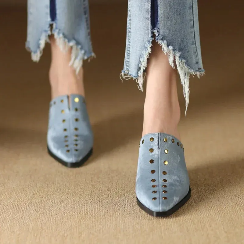 binfenxie NEW Summer Women Slippers Split Leather Shoes for Women Pointed Toe Chunky Heel Sandals Cover Toe Wedge Shoes Blue Women Mules Nuptse Slippers