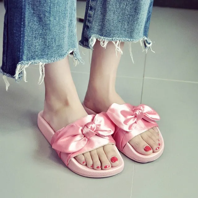 Badtz Maru Slippers Rihanna Women Slippers Silk Bow Slides Summer Beach Flat Heels Flip Flops Ladies Bohemia Sandals