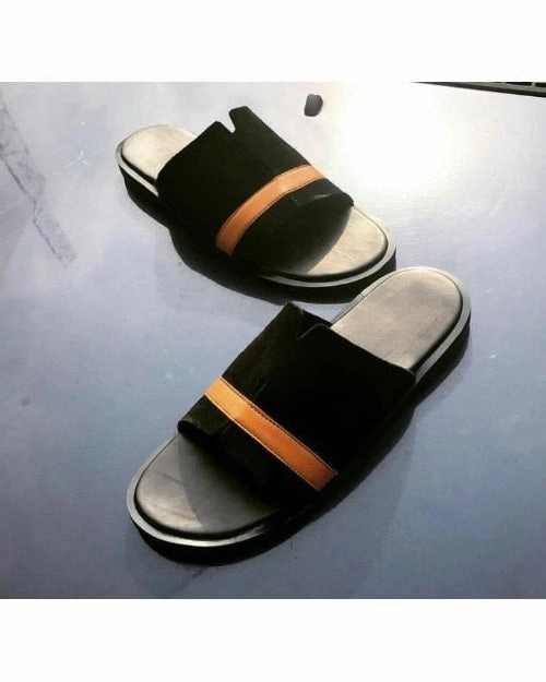 Buster And Arthur Slippers BLACK GOVERNORS SUEDE SLIPPERS WITH BROWN LINING LEATHER DETAIL