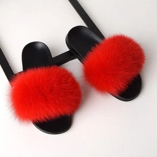 SARSALLYA Fur Slippers Women Real Fox Fur Slides Home Furry Flat Sandals Female Cute Fluffy House Shoes Woman Brand Luxury 2019 Drawing Ballet Slippers