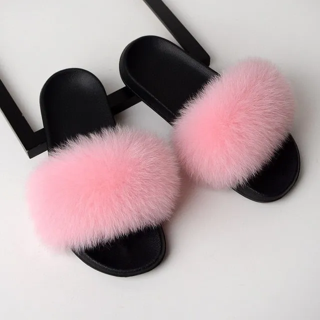 SARSALLYA Fur Slippers Women Real Fox Fur Slides Home Furry Flat Sandals Female Cute Fluffy House Shoes Woman Brand Luxury 2019 Slippers Guests