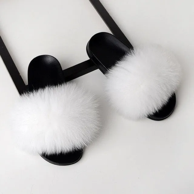 SARSALLYA Fur Slippers Women Real Fox Fur Slides Home Furry Flat Sandals Female Cute Fluffy House Shoes Woman Brand Luxury 2019 Vintage House Slippers