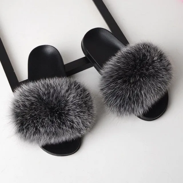 Slide Slippers SARSALLYA Fur Slippers Women Real Fox Fur Slides Home Furry Flat Sandals Female Cute Fluffy House Shoes Woman Brand Luxury 2019