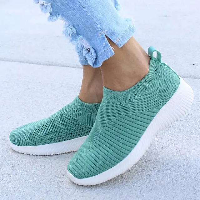 Women Shoes Knitting Sock Sneakers Women Spring Summer Slip On Flat Shoes Women Plus Size Loafers Flats Walking krasovki Famela Woven Penny Loafers