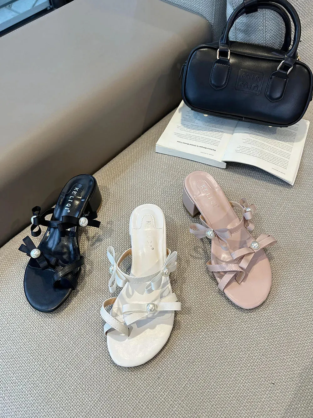 Tn Slippers binfenxie  -  Open Toe Women Slippers Slides Black Pink White Bow Design Casual Flat Mid Heeled Slip On Fashion Dress Shoes Woman 35-39 Summer