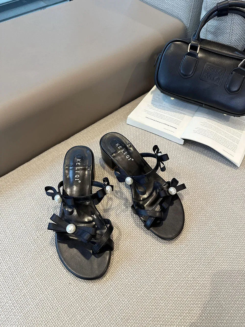 Fairy Slippers Foal binfenxie  -  Open Toe Women Slippers Slides Black Pink White Bow Design Casual Flat Mid Heeled Slip On Fashion Dress Shoes Woman 35-39 Summer