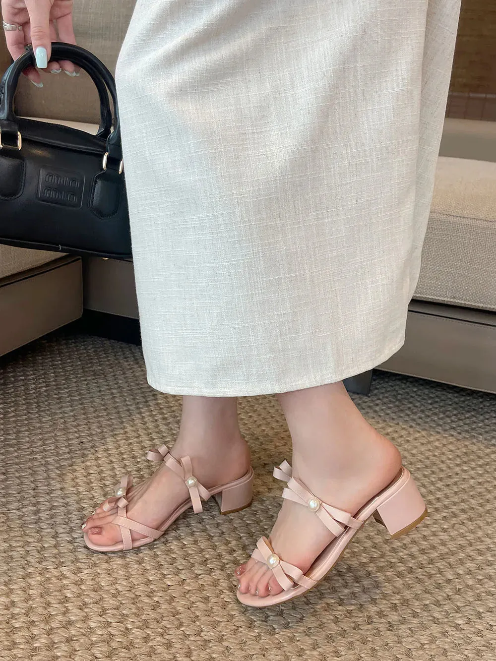 binfenxie  -  Open Toe Women Slippers Slides Black Pink White Bow Design Casual Flat Mid Heeled Slip On Fashion Dress Shoes Woman 35-39 Summer Infant Christmas Slippers