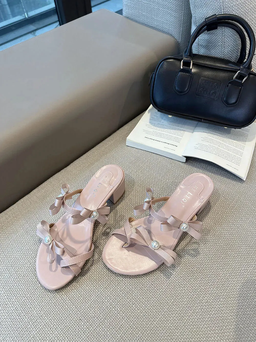 binfenxie  -  Open Toe Women Slippers Slides Black Pink White Bow Design Casual Flat Mid Heeled Slip On Fashion Dress Shoes Woman 35-39 Summer Ku'i Slippers