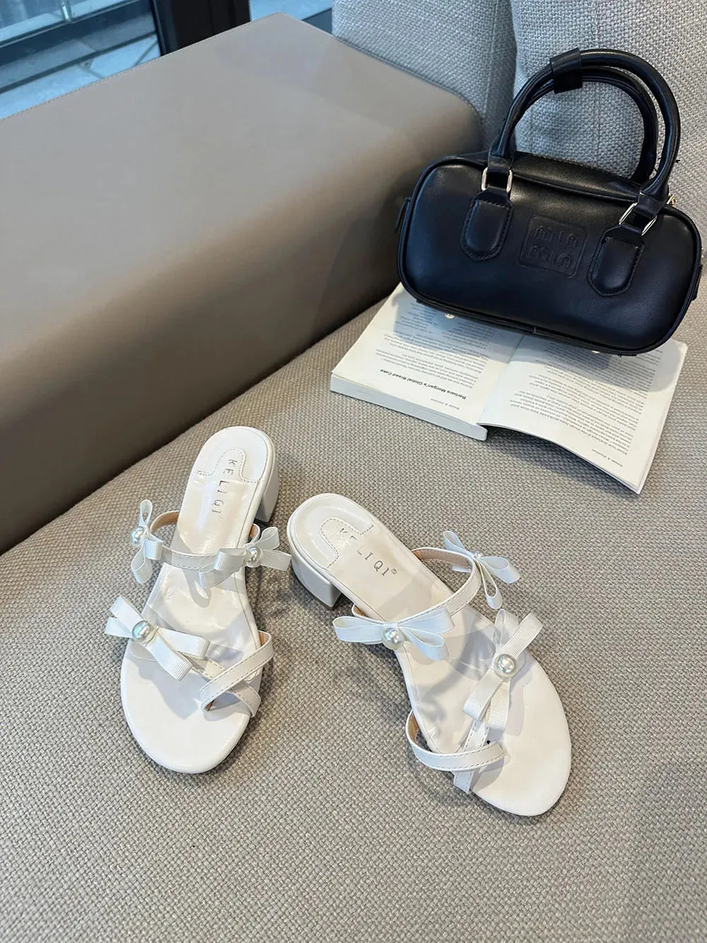 binfenxie  -  Open Toe Women Slippers Slides Black Pink White Bow Design Casual Flat Mid Heeled Slip On Fashion Dress Shoes Woman 35-39 Summer Swedish Shepherd Slippers