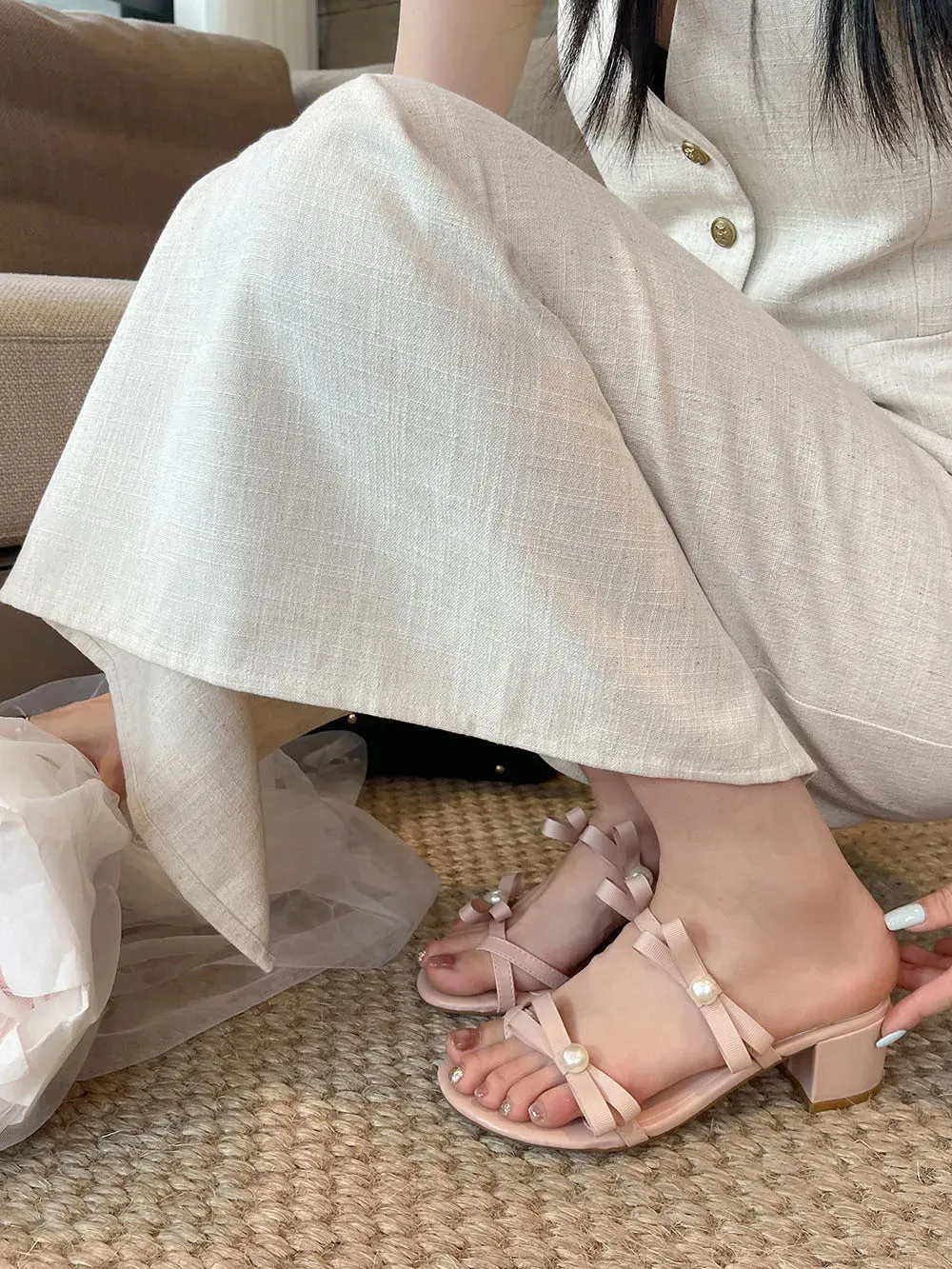 Vintage House Slippers binfenxie  -  Open Toe Women Slippers Slides Black Pink White Bow Design Casual Flat Mid Heeled Slip On Fashion Dress Shoes Woman 35-39 Summer