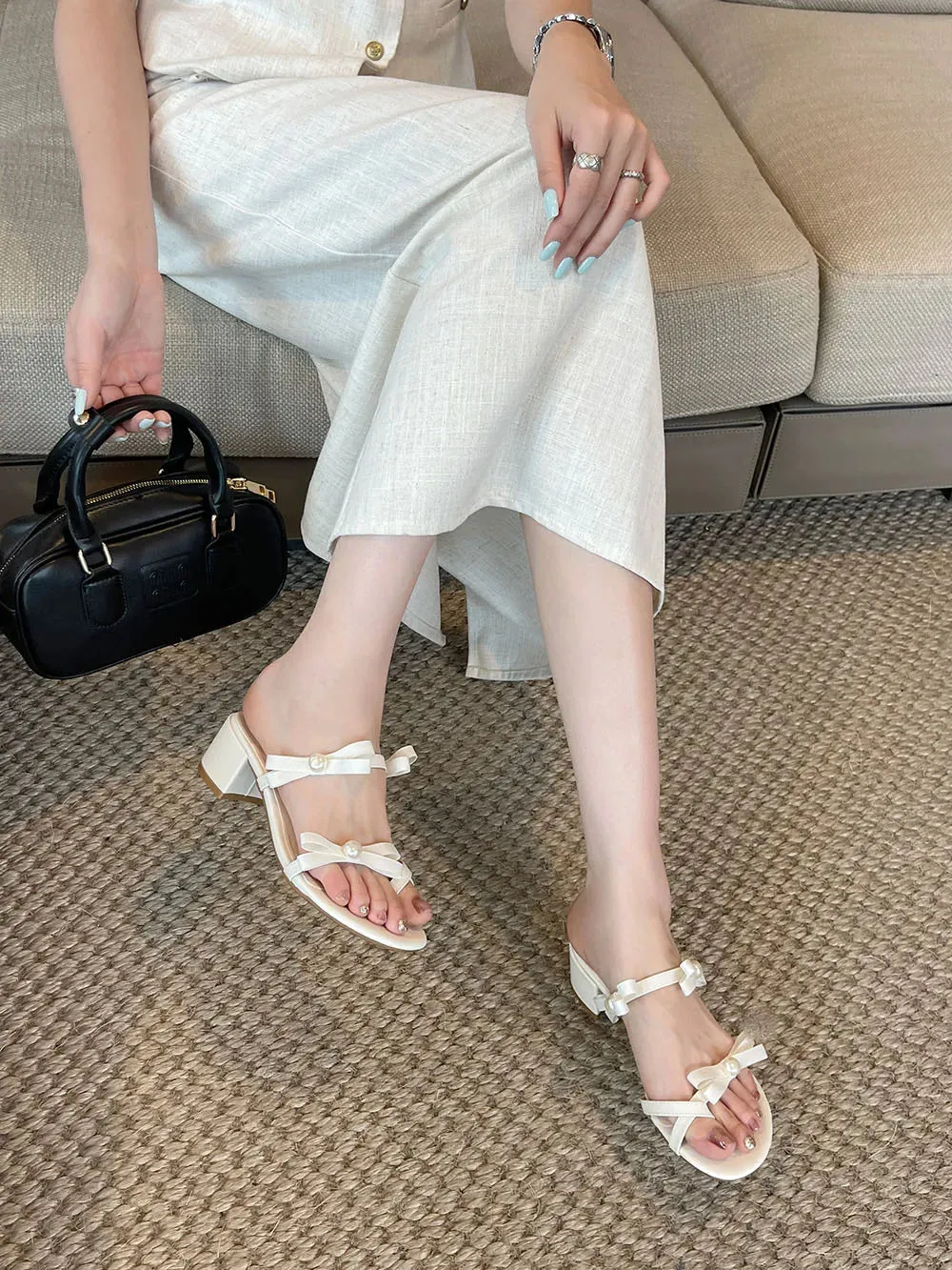 binfenxie  -  Open Toe Women Slippers Slides Black Pink White Bow Design Casual Flat Mid Heeled Slip On Fashion Dress Shoes Woman 35-39 Summer Slippers Birkenstock