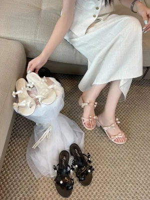 binfenxie  -  Open Toe Women Slippers Slides Black Pink White Bow Design Casual Flat Mid Heeled Slip On Fashion Dress Shoes Woman 35-39 Summer House Slippers With Fur