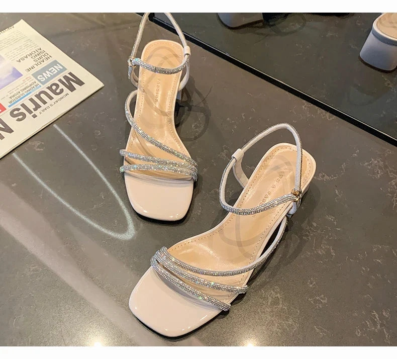 binfenxie  -  Women Sandals Crystal Mid Heels Shoes Sexy 2024 New Summer Fashion Pumps Shoes Slippers Party Chunky Shoes Dress Lady Flip Flops Chunky Platform Flip Flops