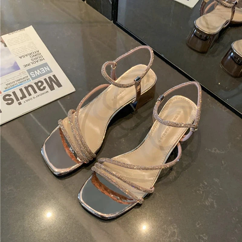 Fat Feet Flip Flops binfenxie  -  Women Sandals Crystal Mid Heels Shoes Sexy 2024 New Summer Fashion Pumps Shoes Slippers Party Chunky Shoes Dress Lady Flip Flops