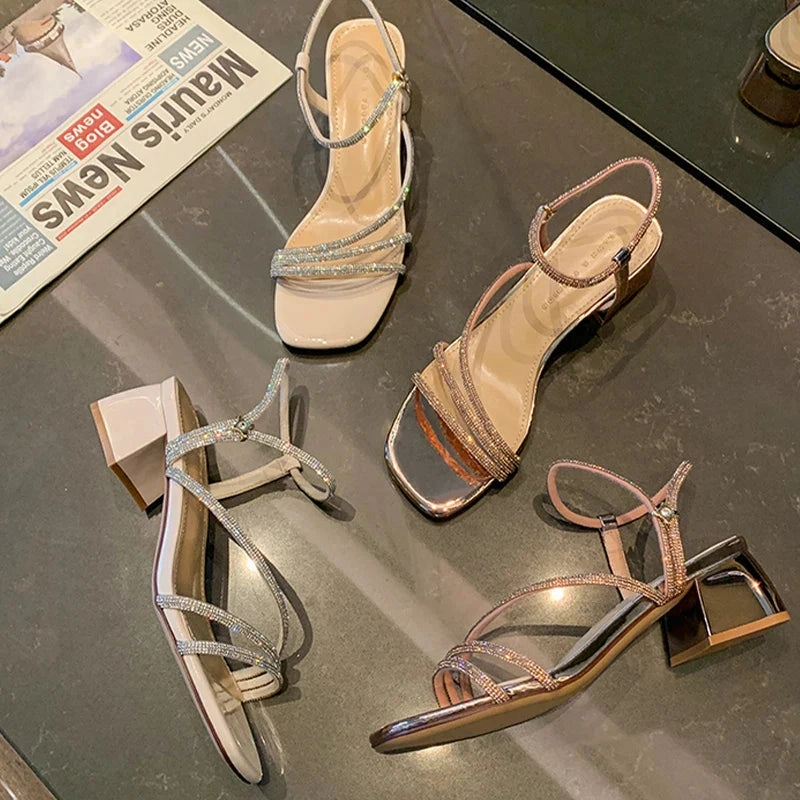 binfenxie  -  Women Sandals Crystal Mid Heels Shoes Sexy 2024 New Summer Fashion Pumps Shoes Slippers Party Chunky Shoes Dress Lady Flip Flops Flip Flop Wedge