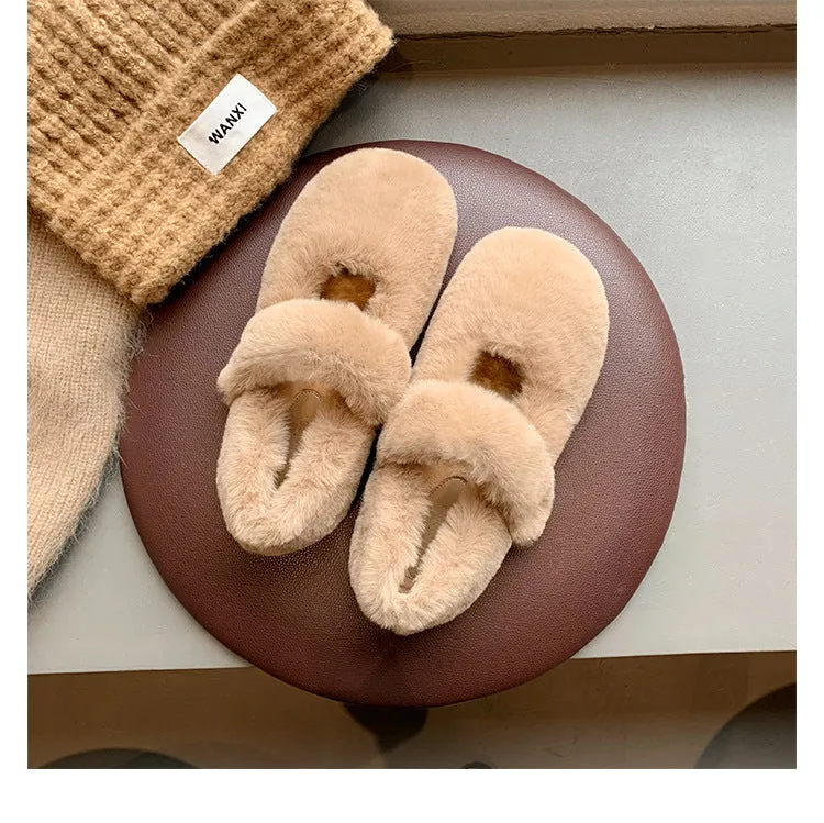 Knit Slippers Easy Women Faux-Fur Loafers Cute Winter Fleece Flat Casual Shoes