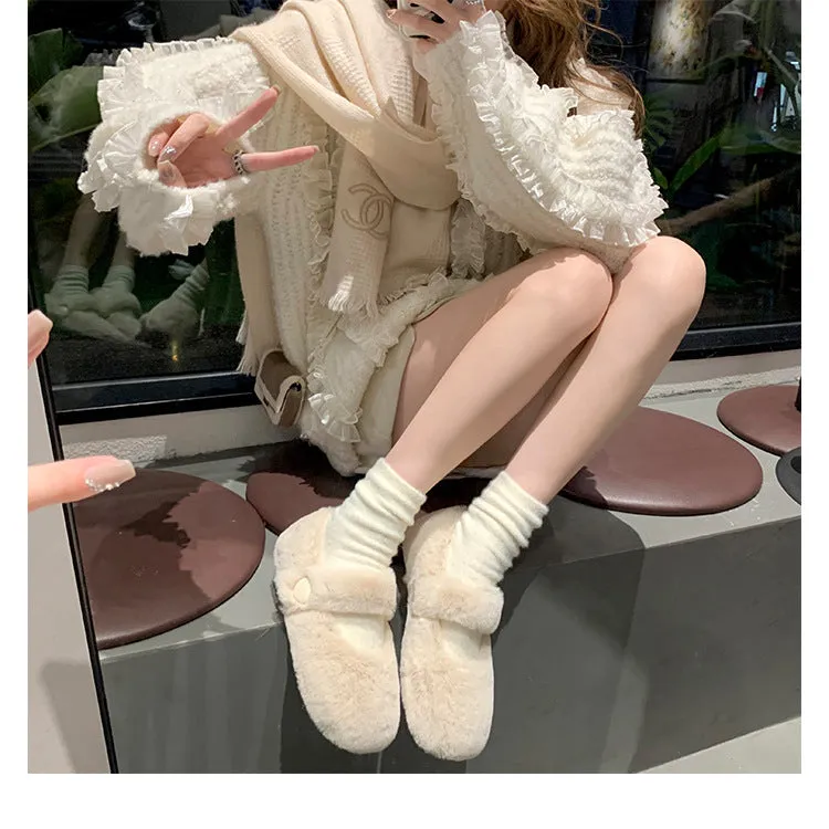 Bears Slippers Women Faux-Fur Loafers Cute Winter Fleece Flat Casual Shoes