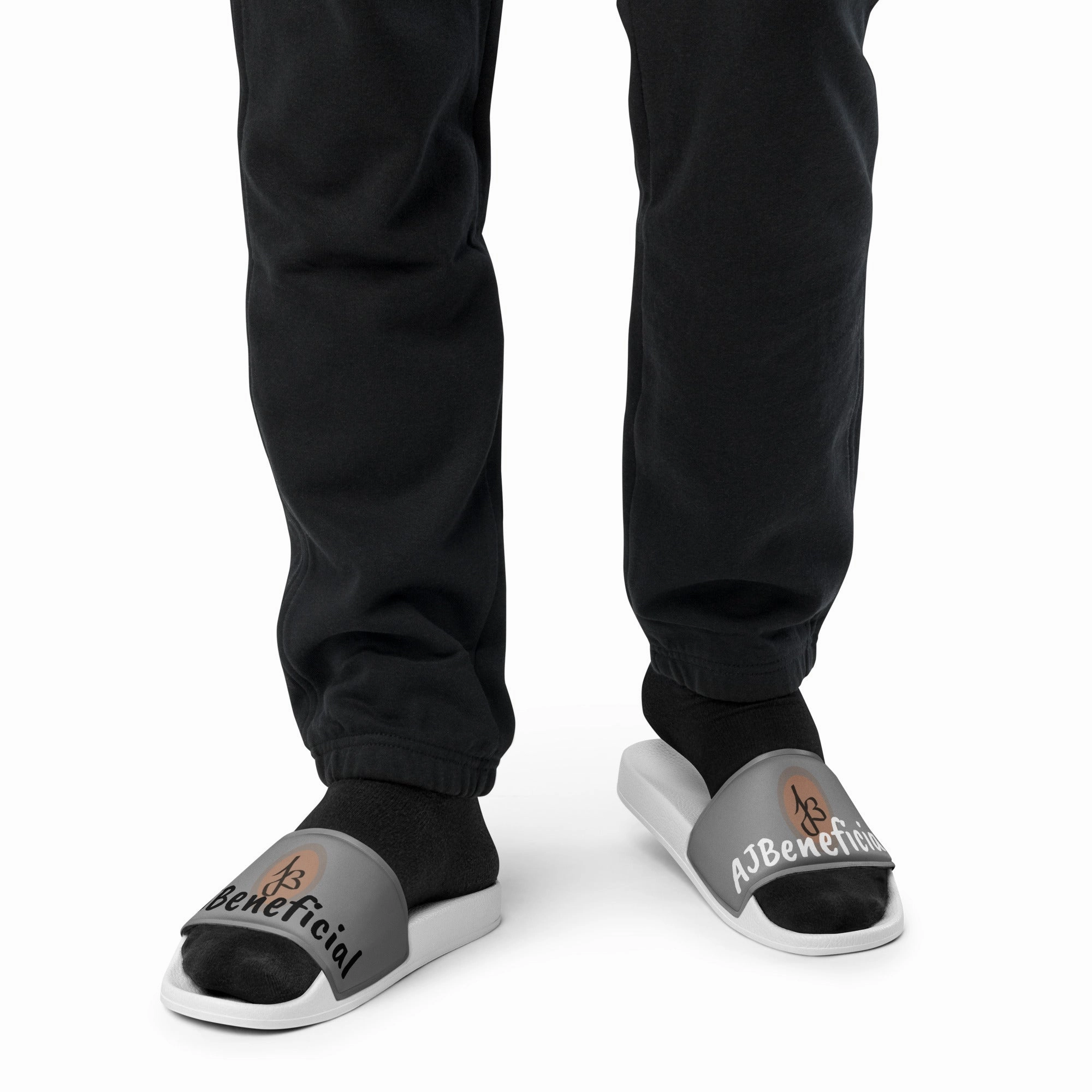 Mens slides Black & White AJBeneficial on Grey Slippers Favorite Slippers