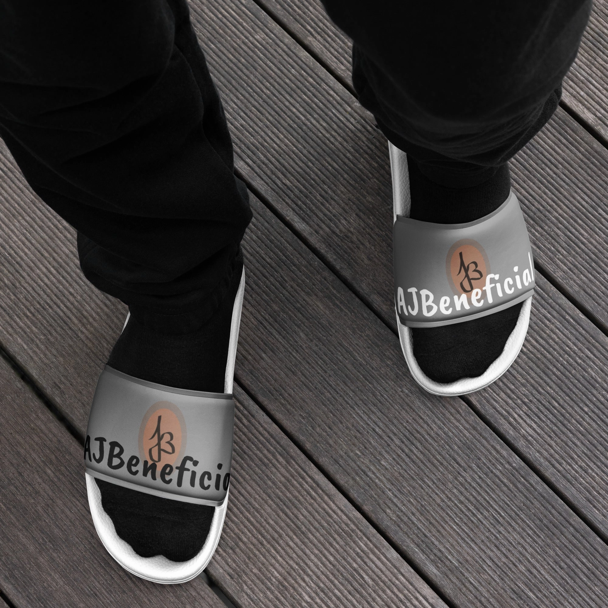 Mens slides Black & White AJBeneficial on Grey Slippers Banda Slides