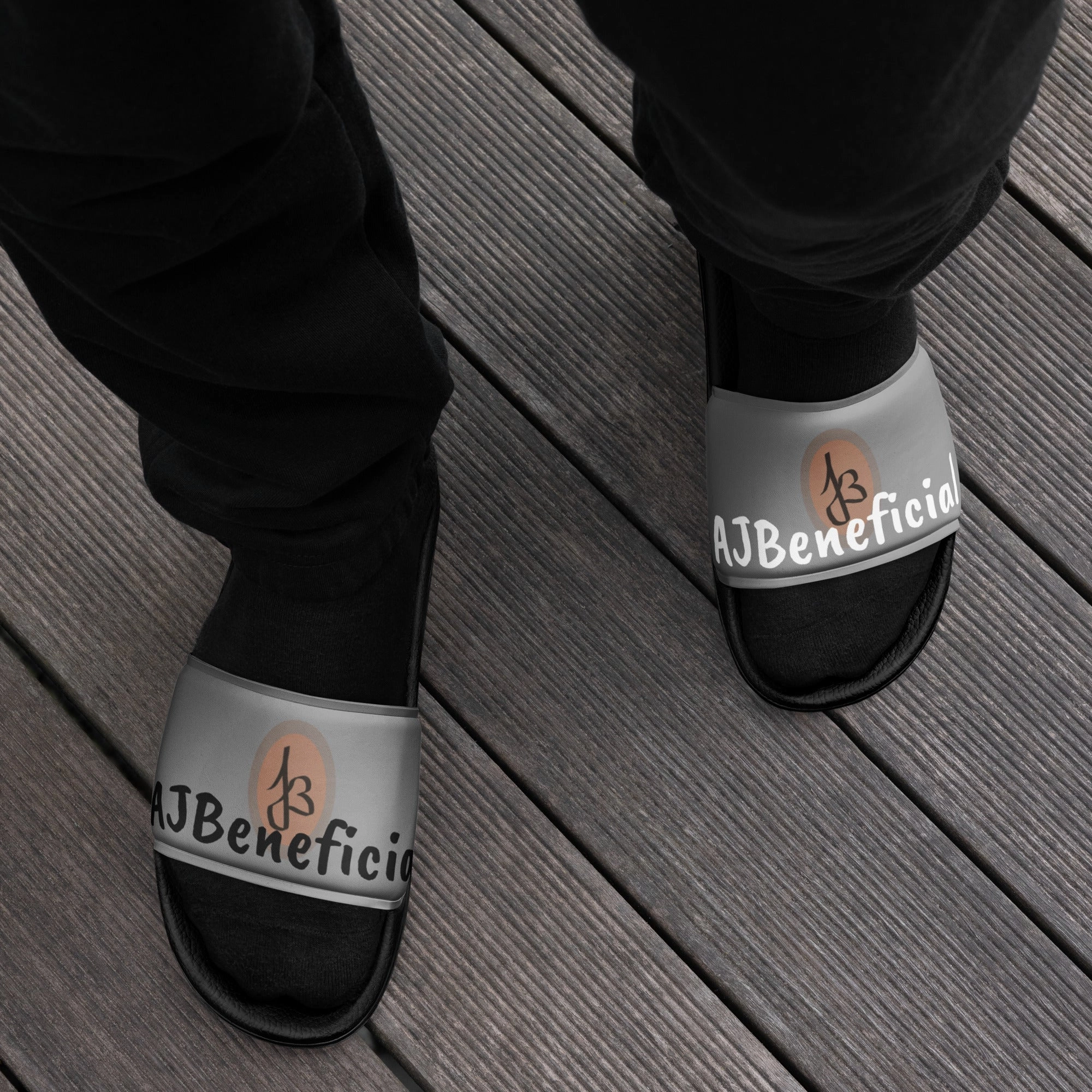 Mens slides Black & White AJBeneficial on Grey Slippers Best Slippers For Foot Support